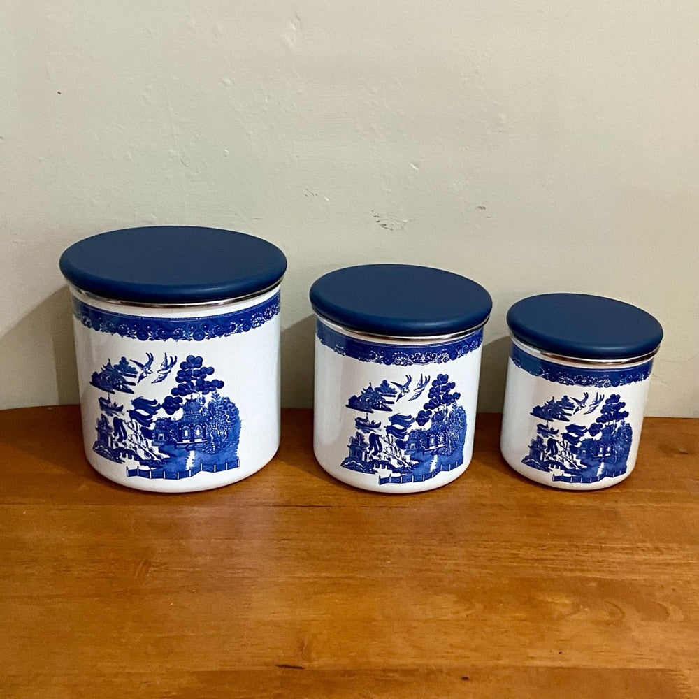 Vintage, Rare, Set of 3  Blue Willow Enamelware Canister Set  7.5in T, 6.5in T