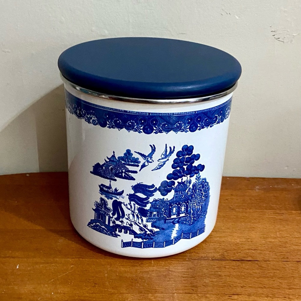 Vintage, Rare, Set of 3  Blue Willow Enamelware Canister Set  7.5in T, 6.5in T