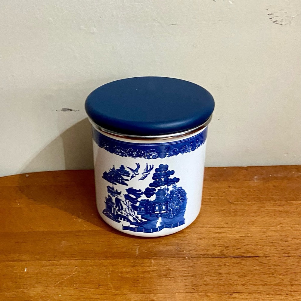 Vintage, Rare, Set of 3  Blue Willow Enamelware Canister Set  7.5in T, 6.5in T