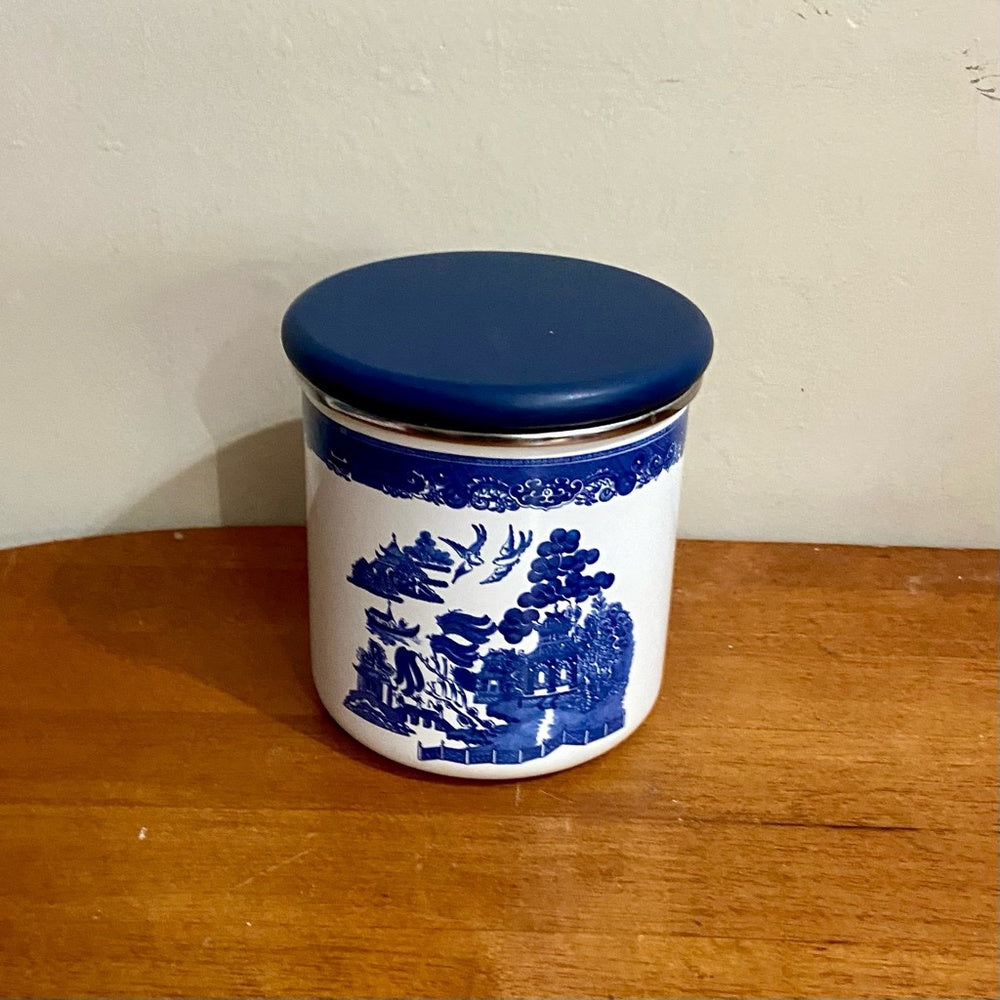 Vintage, Rare, Set of 3  Blue Willow Enamelware Canister Set  7.5in T, 6.5in T