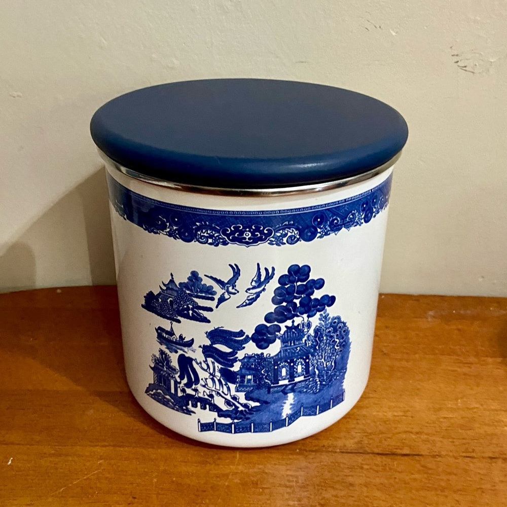Vintage, Rare, Set of 3  Blue Willow Enamelware Canister Set  7.5in T, 6.5in T