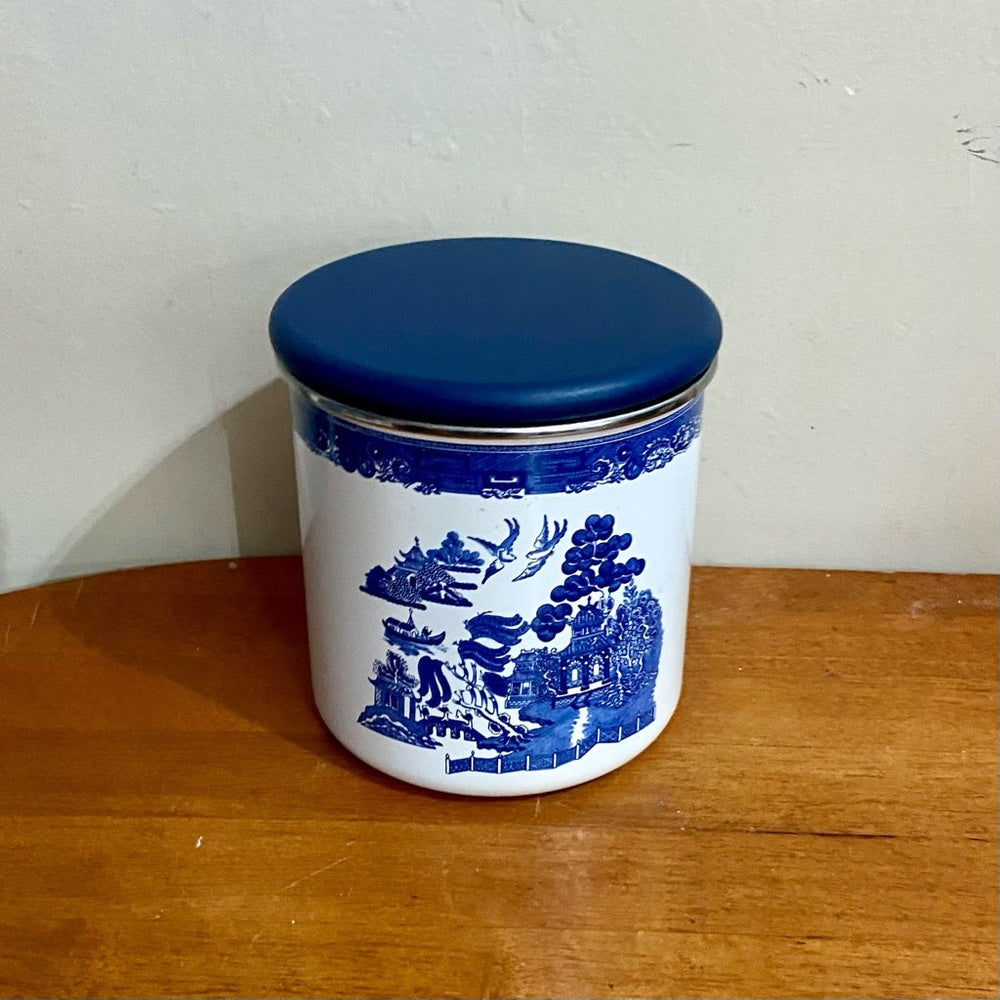 Vintage, Rare, Set of 3  Blue Willow Enamelware Canister Set  7.5in T, 6.5in T