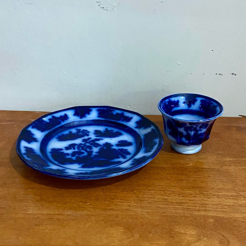 Antique, Rare, Wegdwood Chapoo, Variant Flow Blue Willow, 8.5in Plate  and Cup