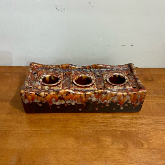 Orange Brown Drip Glazed Trio Candle Holder  11.5in L x 5in W x 2.5in H