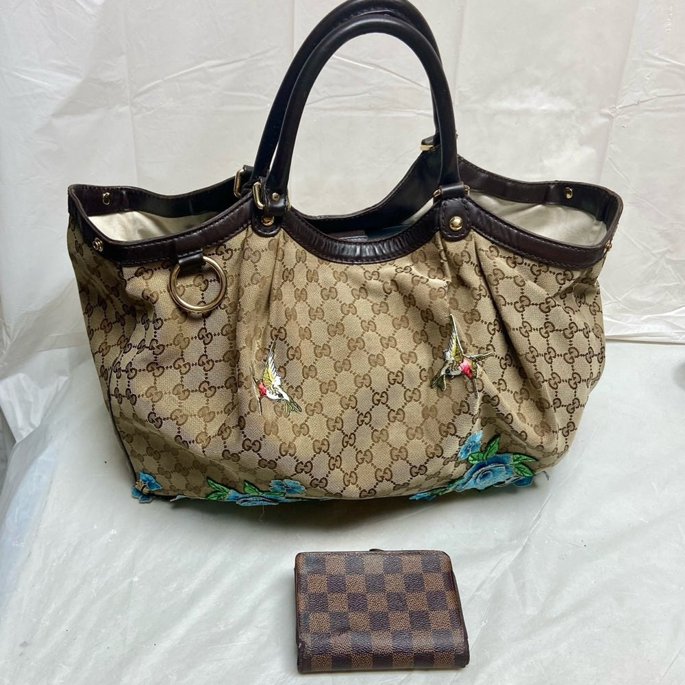 Vintage, Large, Gucci, GG Coated Canvas with Blue Floral Handbag 16in x 16 x 5.5