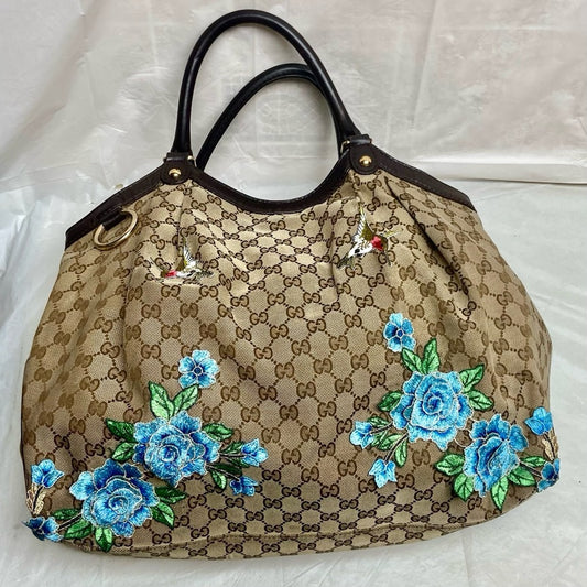Vintage, Large, Gucci, GG Coated Canvas with Blue Floral Handbag 16in x 16 x 5.5