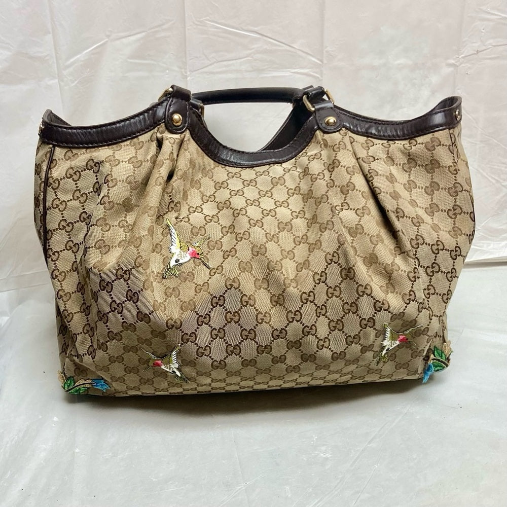 Vintage, Large, Gucci, GG Coated Canvas with Blue Floral Handbag 16in x 16 x 5.5