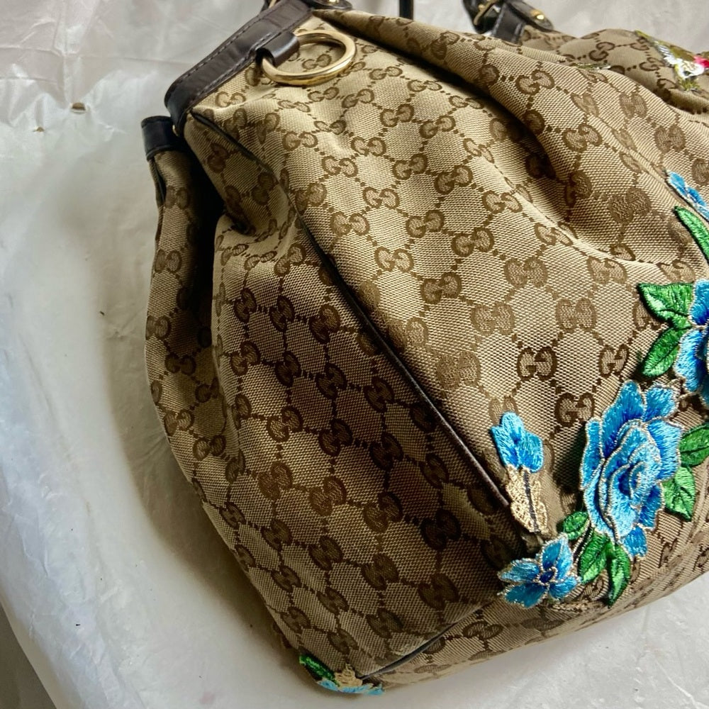 Vintage, Large, Gucci, GG Coated Canvas with Blue Floral Handbag 16in x 16 x 5.5