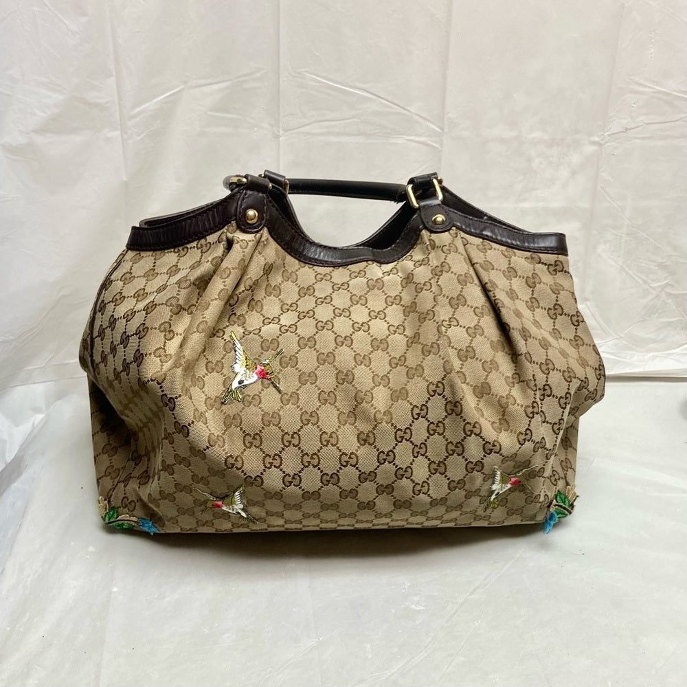Vintage, Large, Gucci, GG Coated Canvas with Blue Floral Handbag 16in x 16 x 5.5