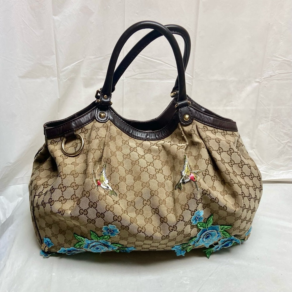 Vintage, Large, Gucci, GG Coated Canvas with Blue Floral Handbag 16in x 16 x 5.5