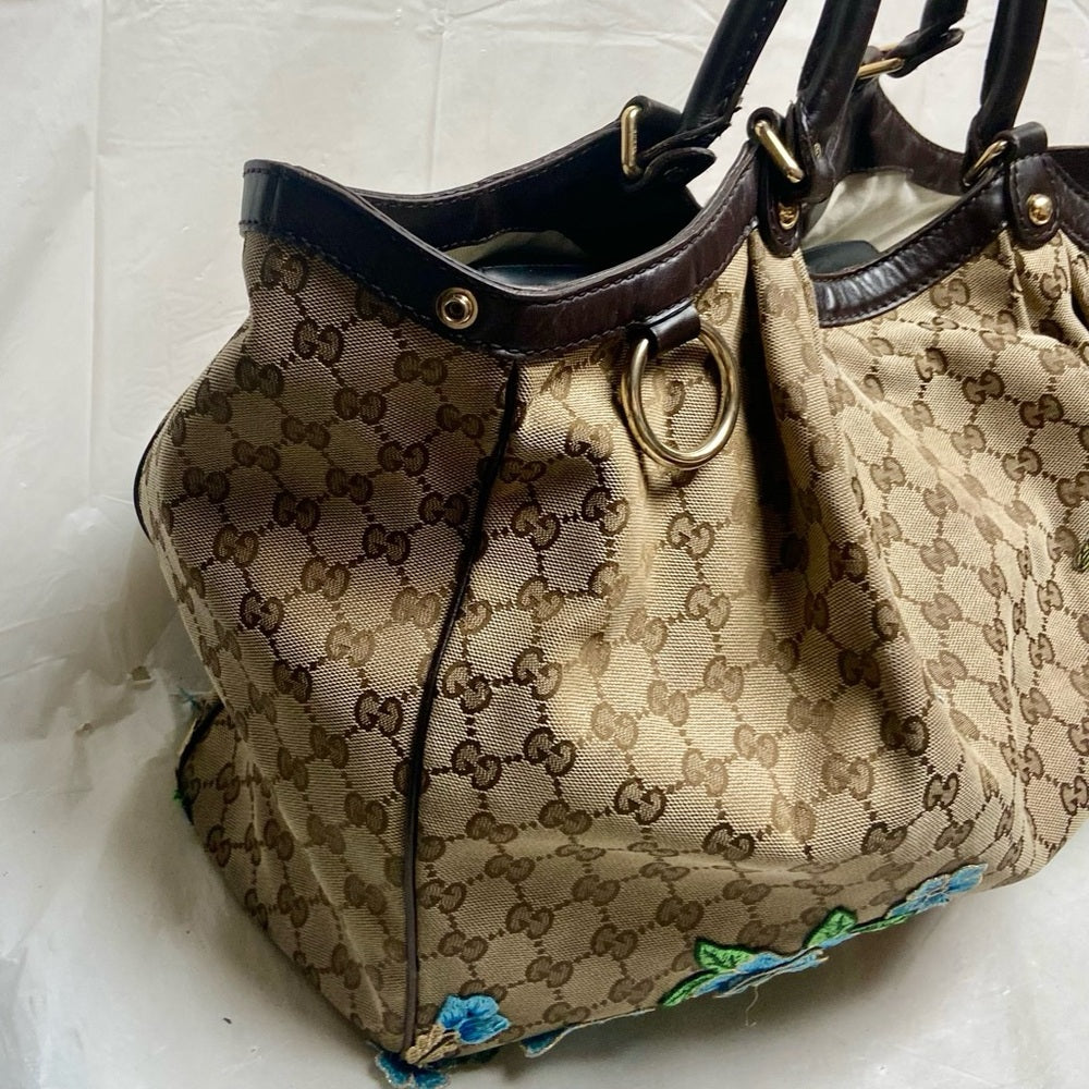 Vintage, Large, Gucci, GG Coated Canvas with Blue Floral Handbag 16in x 16 x 5.5