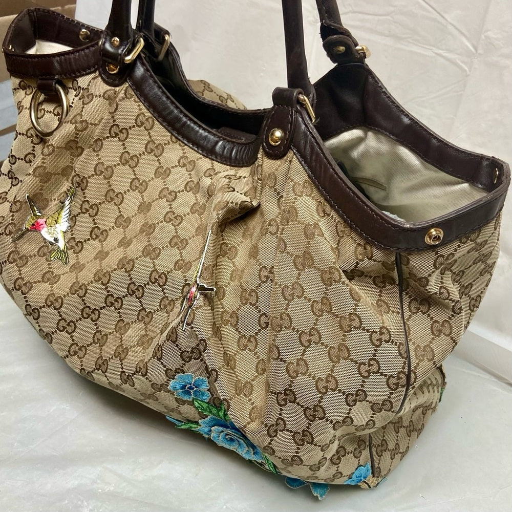 Vintage, Large, Gucci, GG Coated Canvas with Blue Floral Handbag 16in x 16 x 5.5