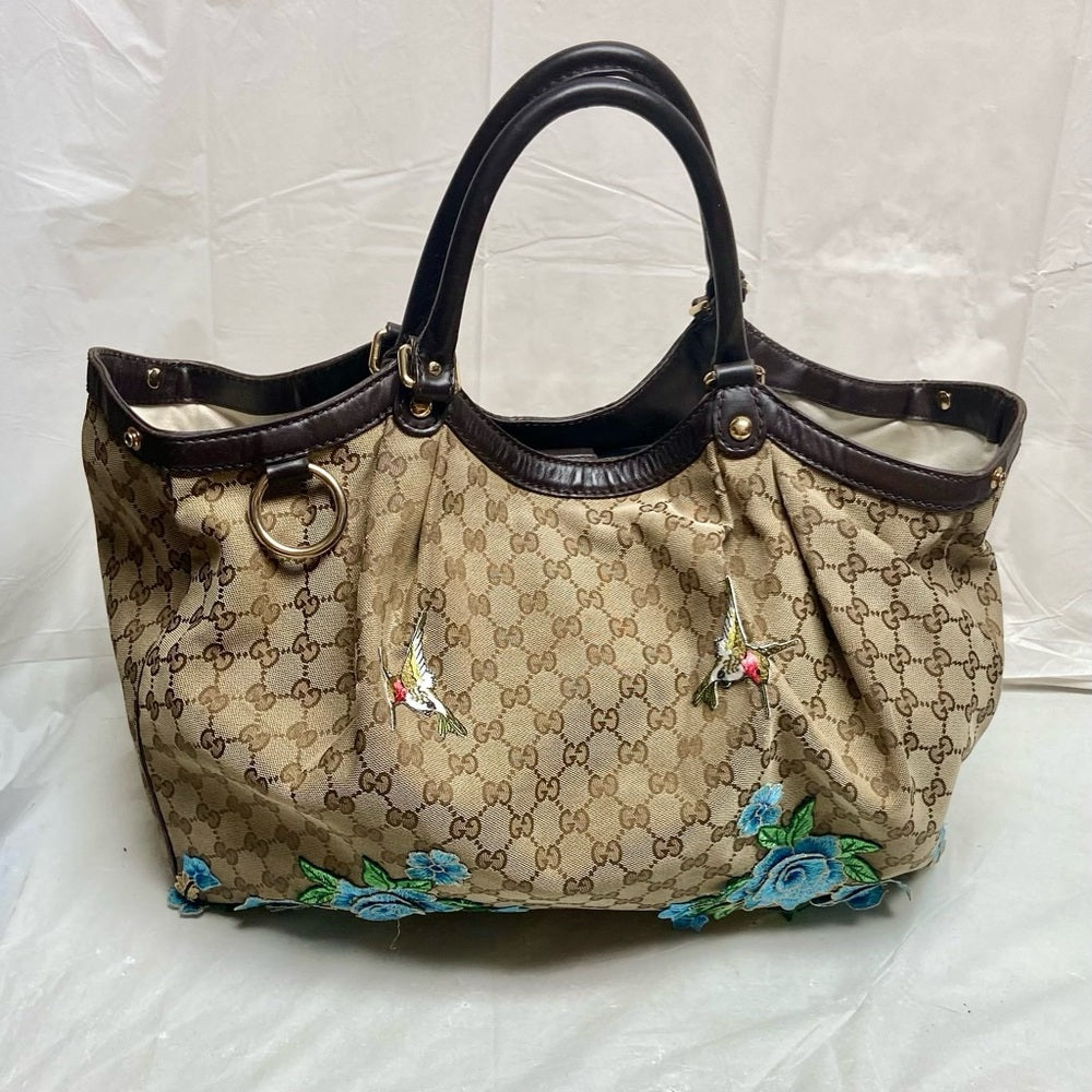 Vintage, Large, Gucci, GG Coated Canvas with Blue Floral Handbag 16in x 16 x 5.5