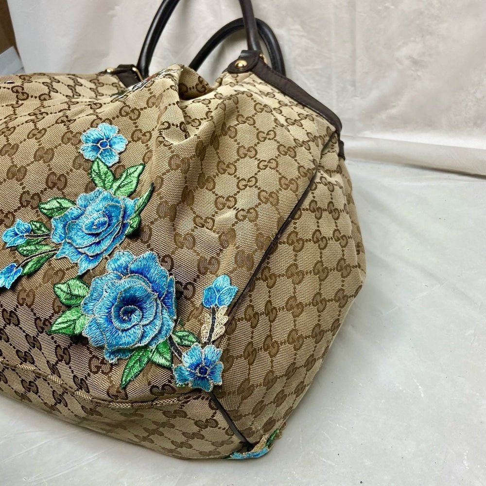 Vintage, Large, Gucci, GG Coated Canvas with Blue Floral Handbag 16in x 16 x 5.5