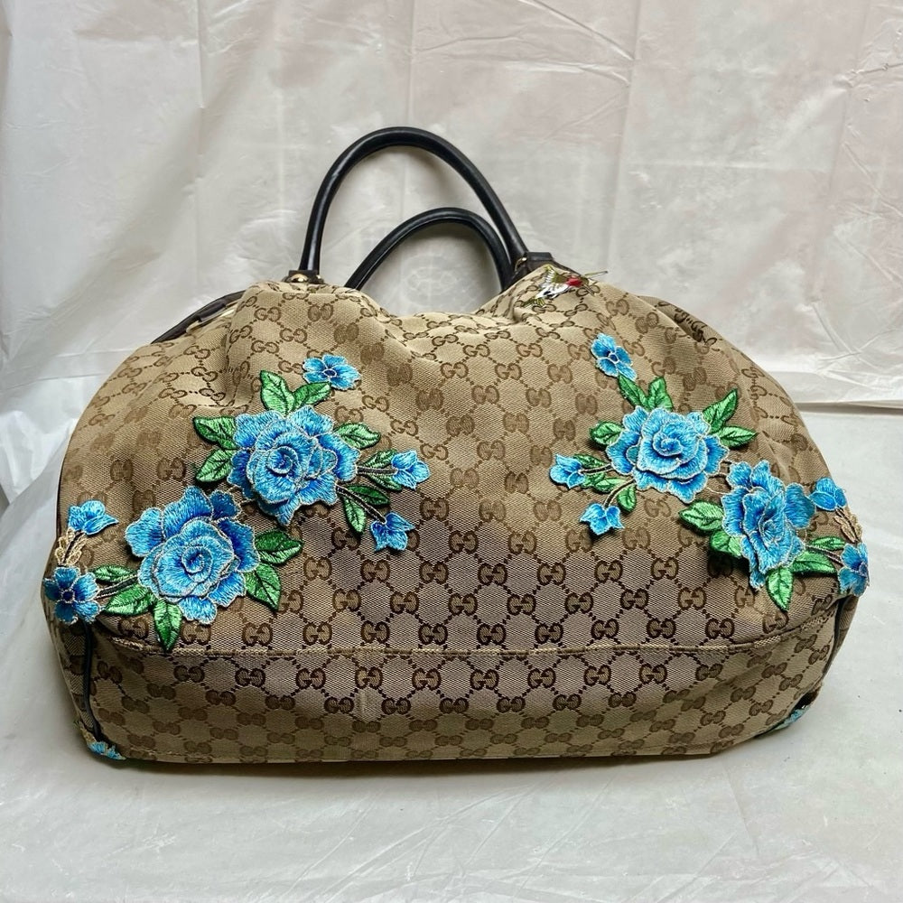 Vintage, Large, Gucci, GG Coated Canvas with Blue Floral Handbag 16in x 16 x 5.5
