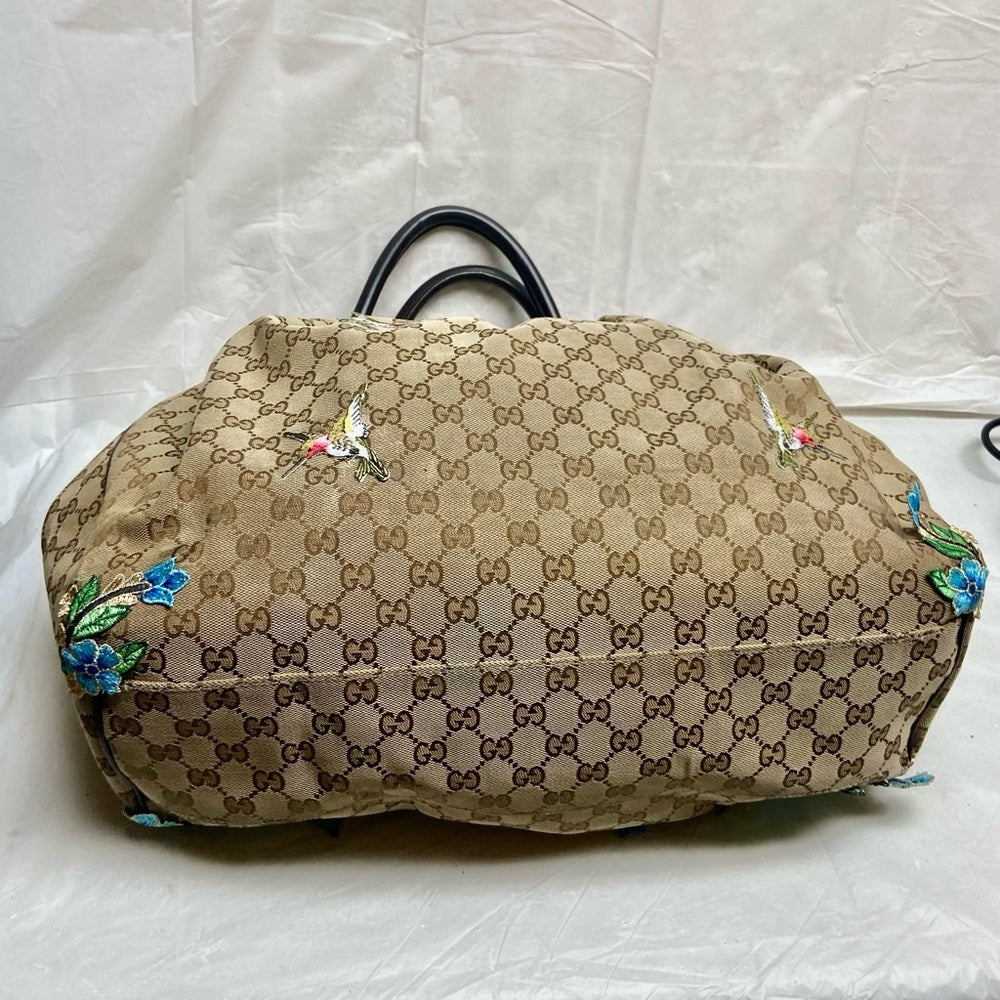 Vintage, Large, Gucci, GG Coated Canvas with Blue Floral Handbag 16in x 16 x 5.5