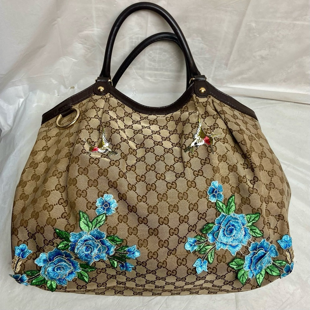 Vintage, Large, Gucci, GG Coated Canvas with Blue Floral Handbag 16in x 16 x 5.5