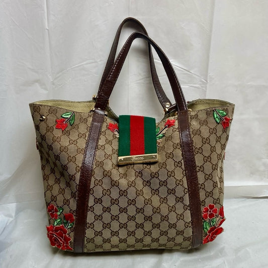 Vintage, Gucci, Sherry-line GG Coated Canvas with Red Floral Handbag 12inx12inx5