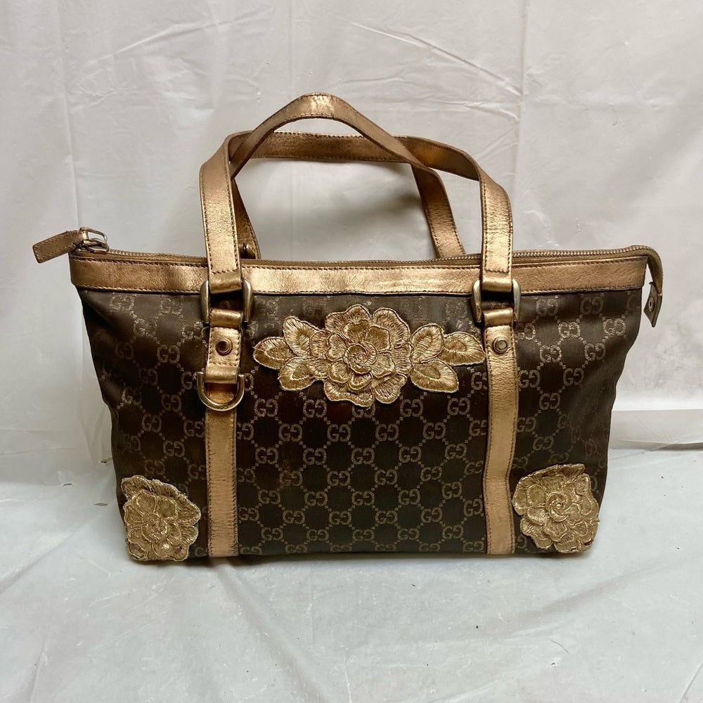 Vintage, Rare, Gucci, GG Brown and Gold Coated Canvas Handbag (12in x 9in x 4in)