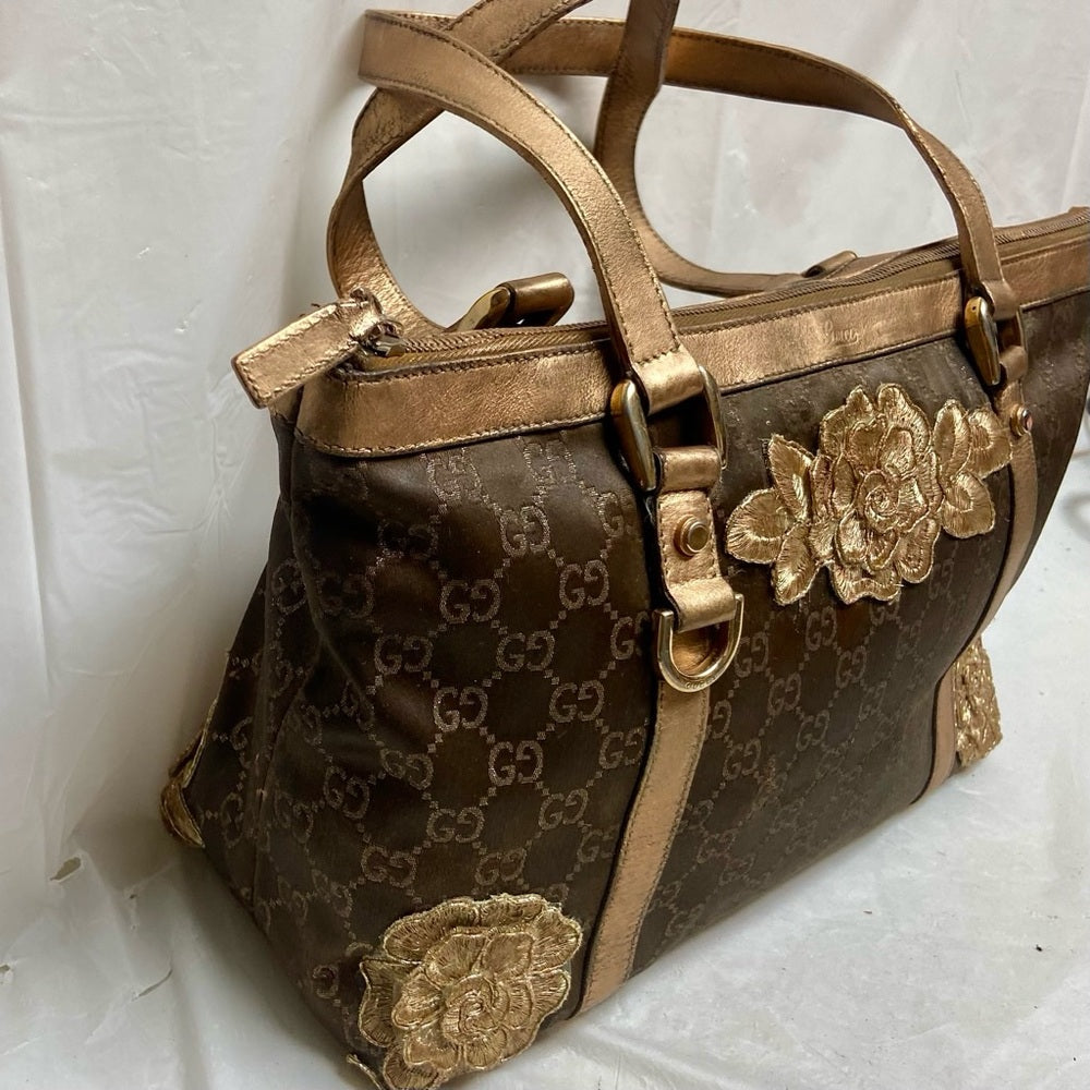 Vintage, Rare, Gucci, GG Brown and Gold Coated Canvas Handbag (12in x 9in x 4in)