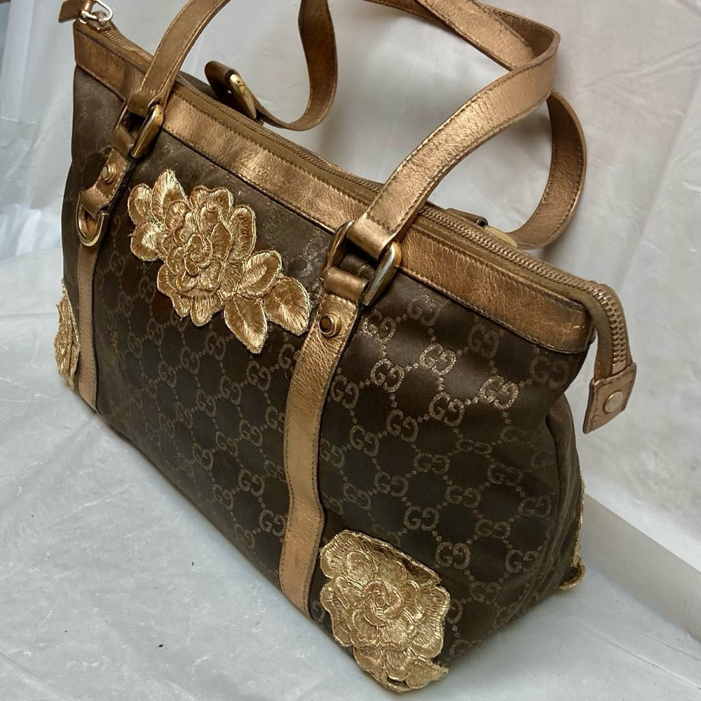 Vintage, Rare, Gucci, GG Brown and Gold Coated Canvas Handbag (12in x 9in x 4in)