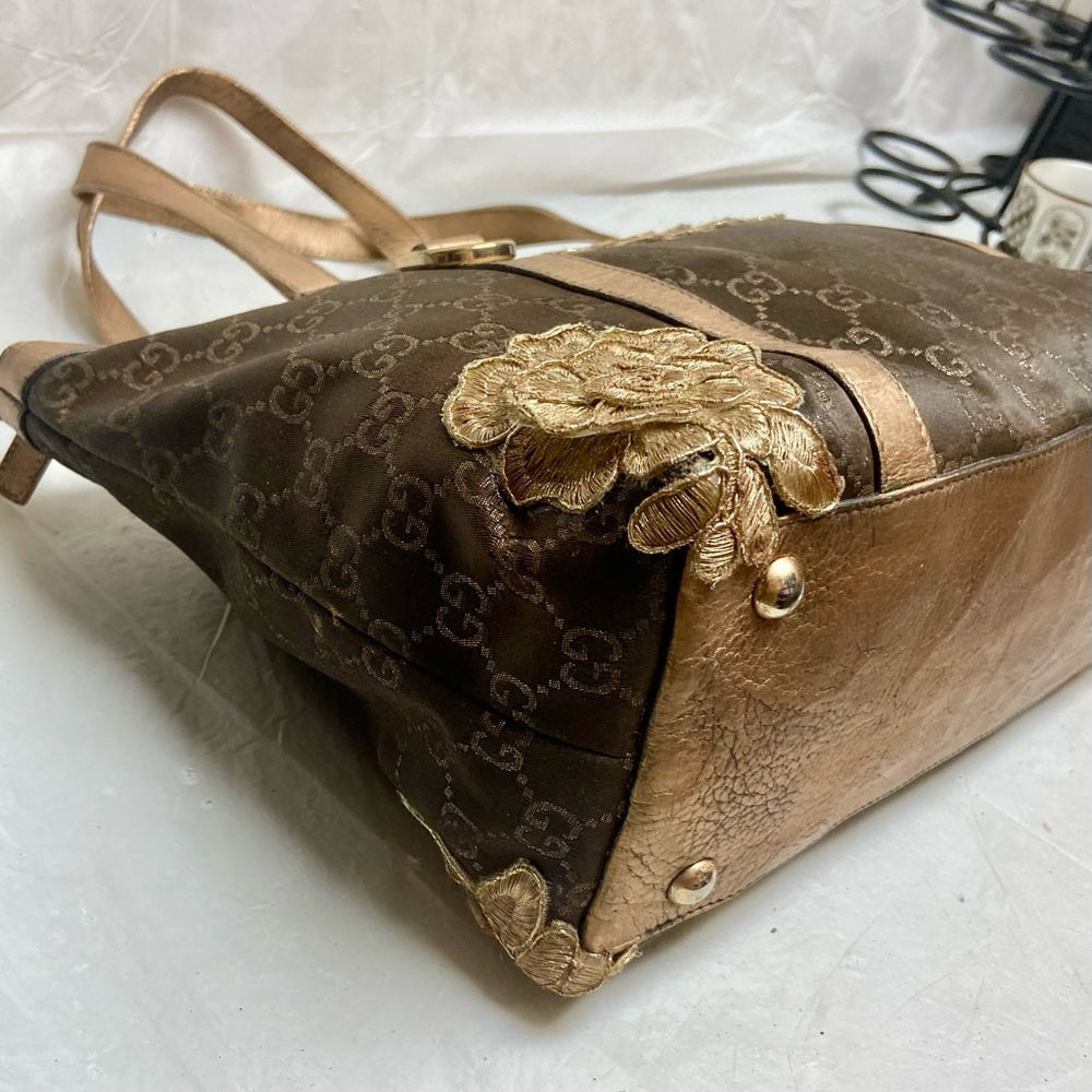 Vintage, Rare, Gucci, GG Brown and Gold Coated Canvas Handbag (12in x 9in x 4in)