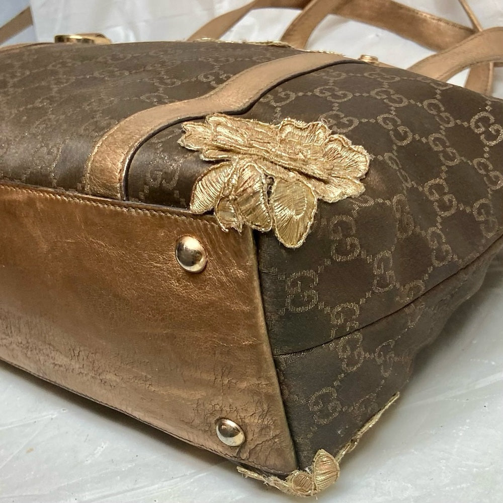 Vintage, Rare, Gucci, GG Brown and Gold Coated Canvas Handbag (12in x 9in x 4in)