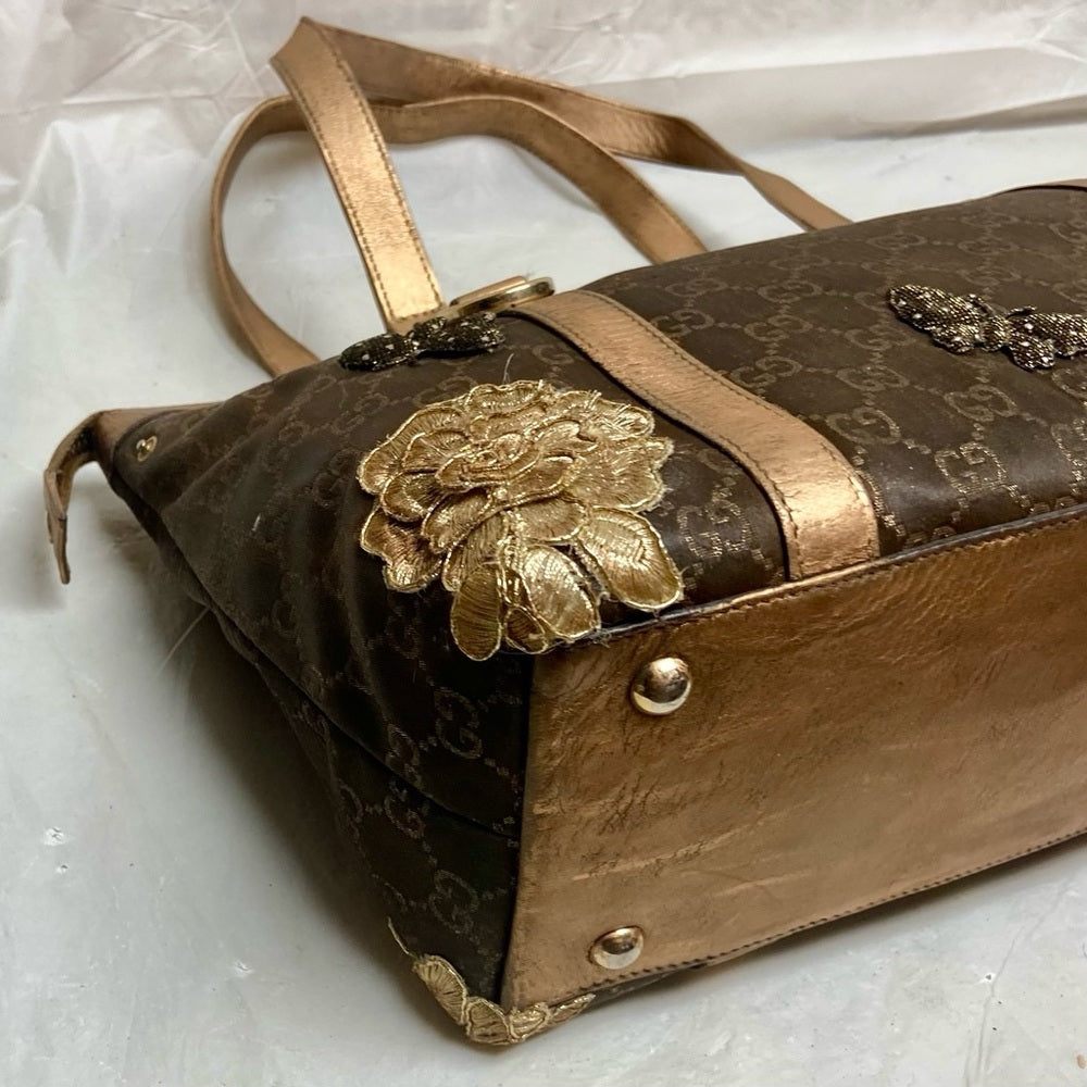Vintage, Rare, Gucci, GG Brown and Gold Coated Canvas Handbag (12in x 9in x 4in)