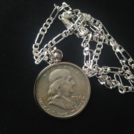 1958 Silver Half Dollar Coin, 18in 925 Chain