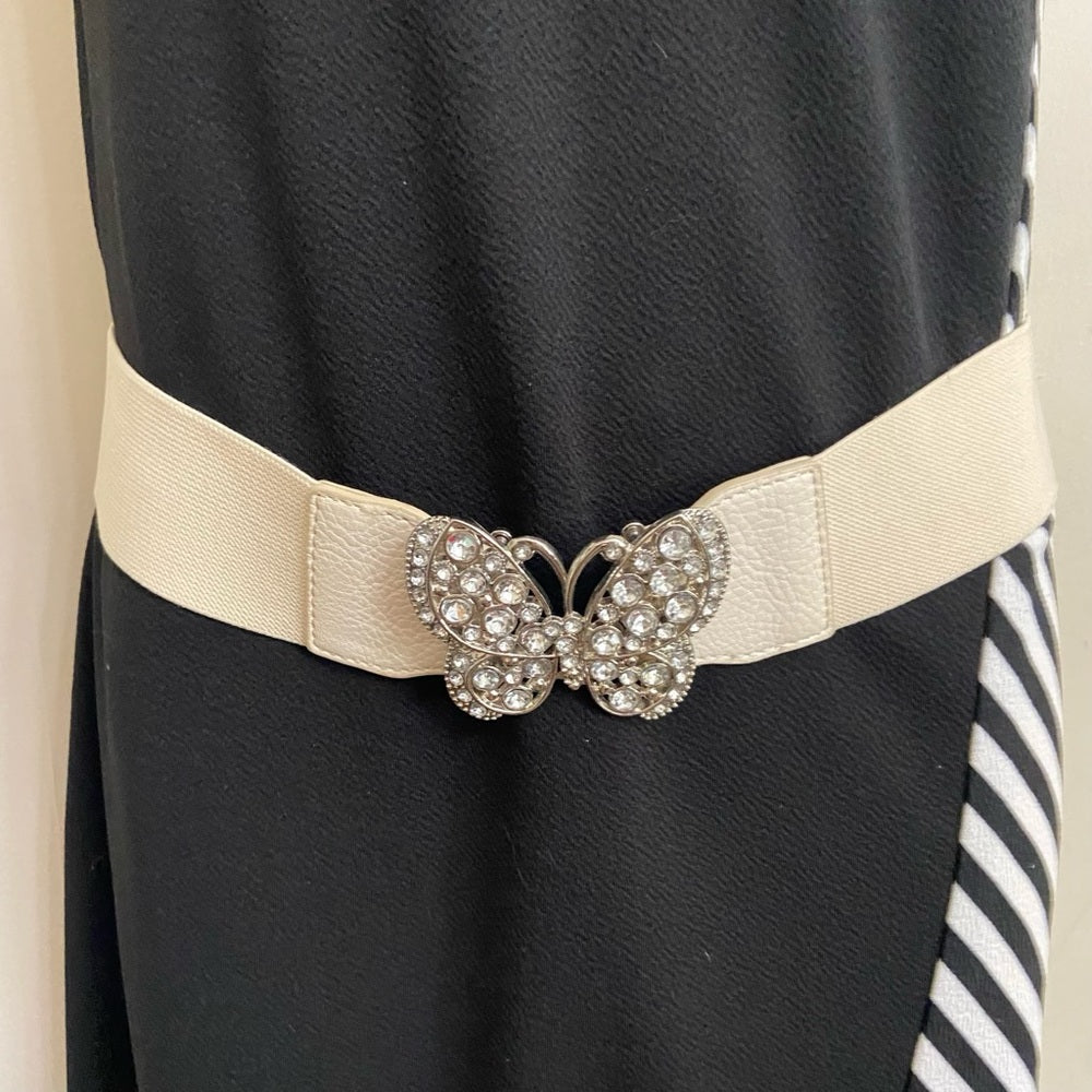 Regalia Black and White Stripes Dress with Butterfly Elastic Belt - Size PS