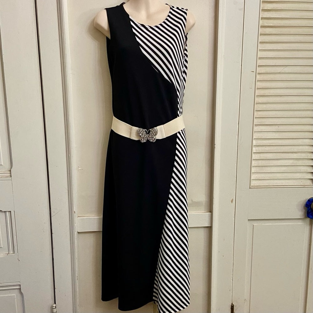 Regalia Black and White Stripes Dress with Butterfly Elastic Belt - Size PS