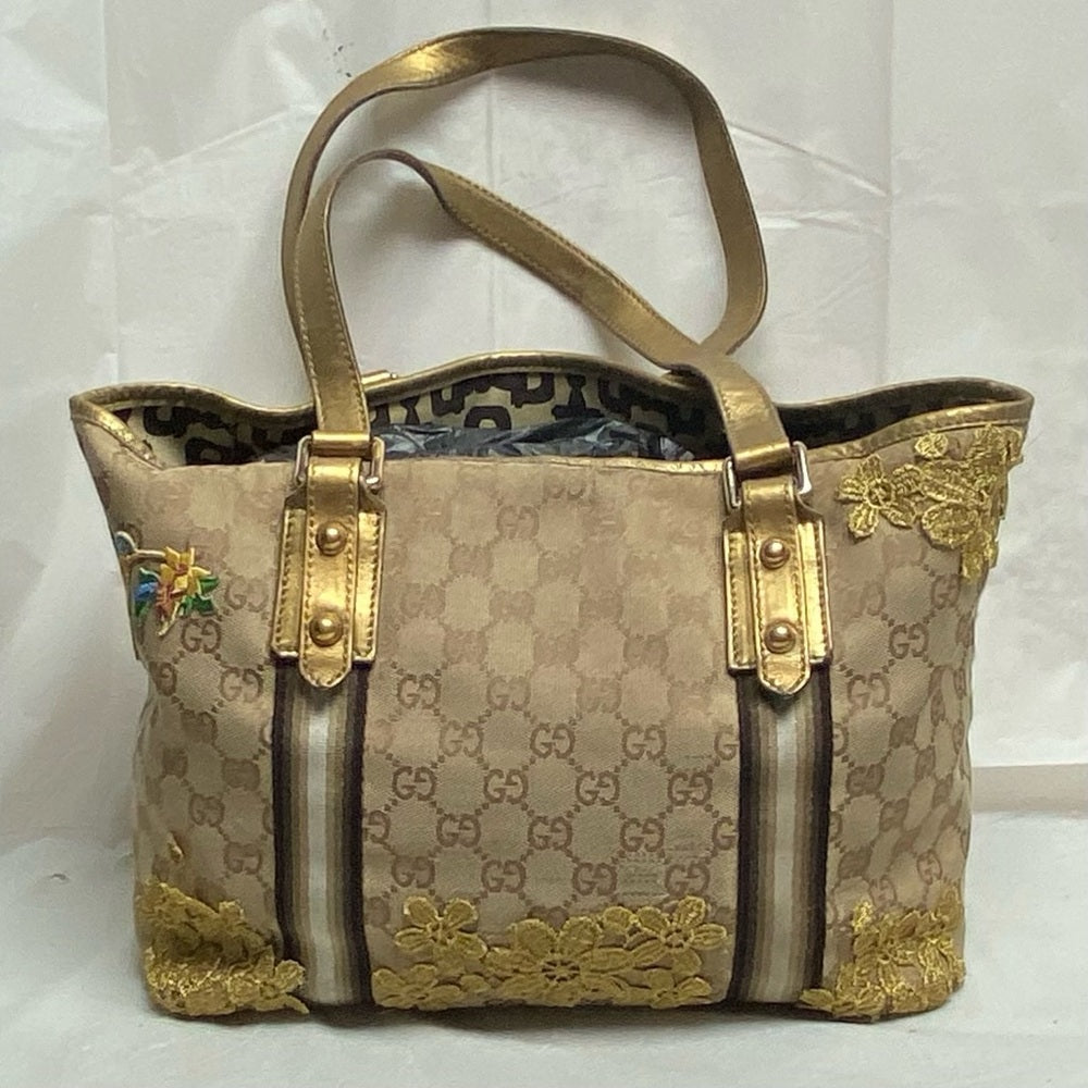 Vintage, Gucci, GG Coated Canvas with Gold Leather Shoulder Strap 11in x 8.5in