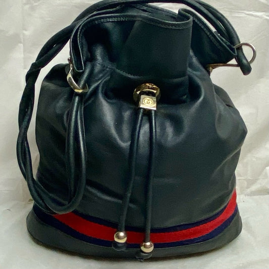 Vintage Gucci Rare Sherry line Blue-Black Drawstring Leather Shoulder Bag