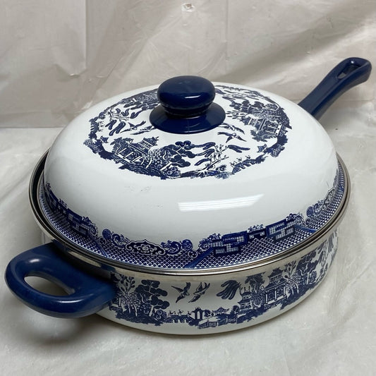 Heritage Mint, Blue Willow, Enamel, Large, Skillet with Lid 6in x 18in x 10in