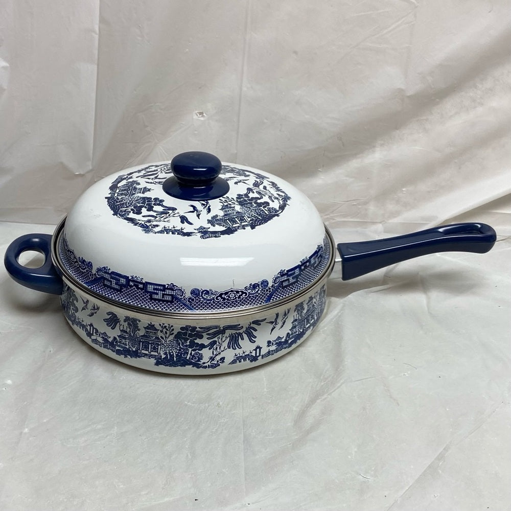 Heritage Mint, Blue Willow, Enamel, Large, Skillet with Lid 6in x 18in x 10in
