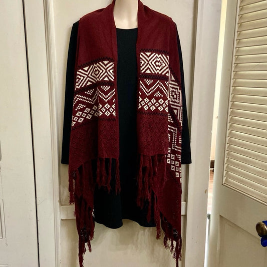 Hippie Rose, Burgundy White Waterfall Vest -Sweater Cardigan (XS-L)