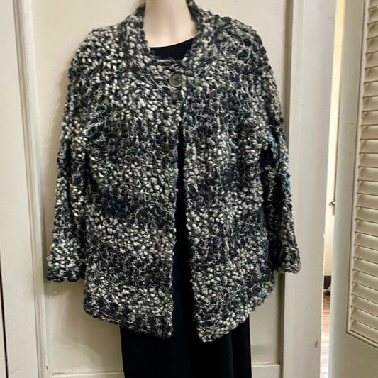Jones New York Collection Gray and White Knitted Pop Corn Sweater Cardigan (L)
