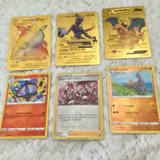 Lot (N) : 3 Pokemon Reverse Holo Cards and 3 Pokemon Gold Fan Arts