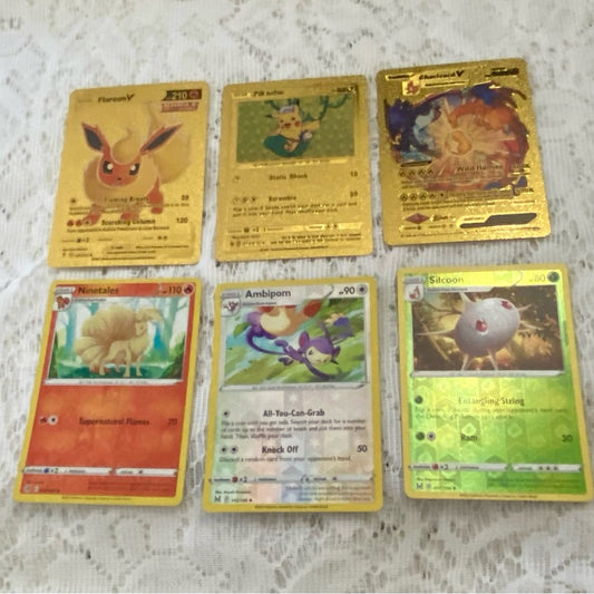 Lot (O): 3 Pokemon Reverse Holo Cards and 3 Pokemon Gold Fan Arts