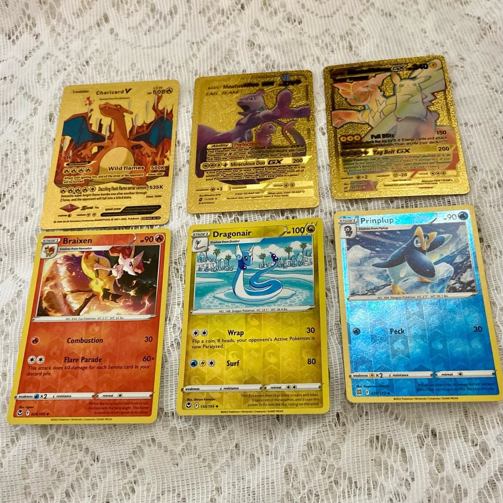 Lot (R): 3 Pokemon Reverse Holo Cards and 3 Pokemon Gold Fan Arts