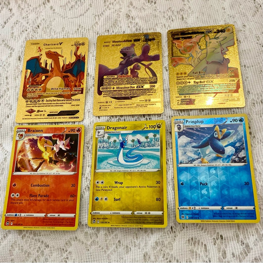 Lot (R): 3 Pokemon Reverse Holo Cards and 3 Pokemon Gold Fan Arts