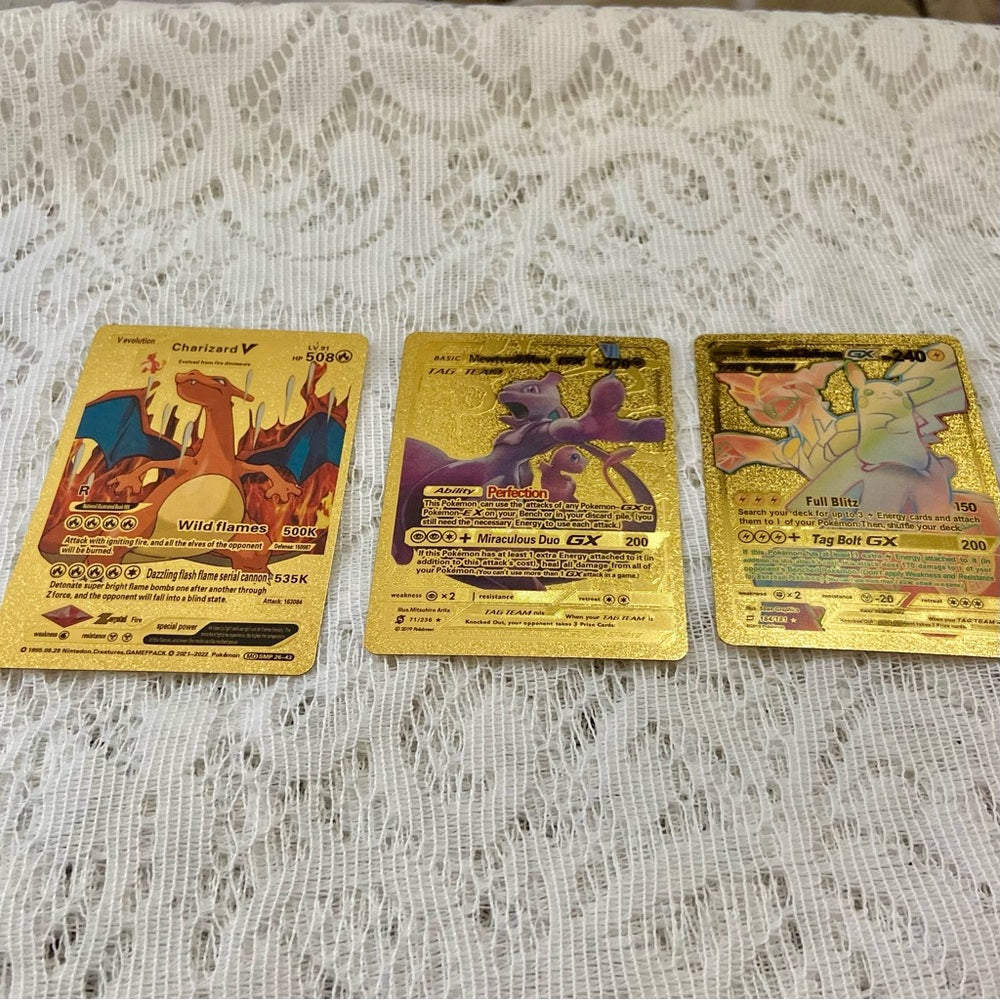 Lot (R): 3 Pokemon Reverse Holo Cards and 3 Pokemon Gold Fan Arts
