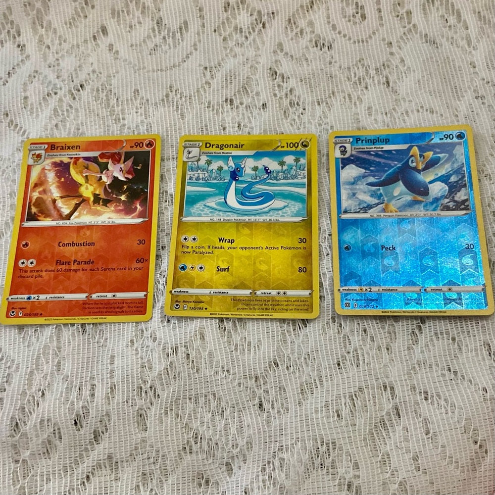 Lot (R): 3 Pokemon Reverse Holo Cards and 3 Pokemon Gold Fan Arts