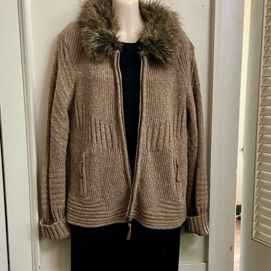 Cynthia Rowley Brown Knitted Sweater Cardigan with Fur Collar (L-XL)