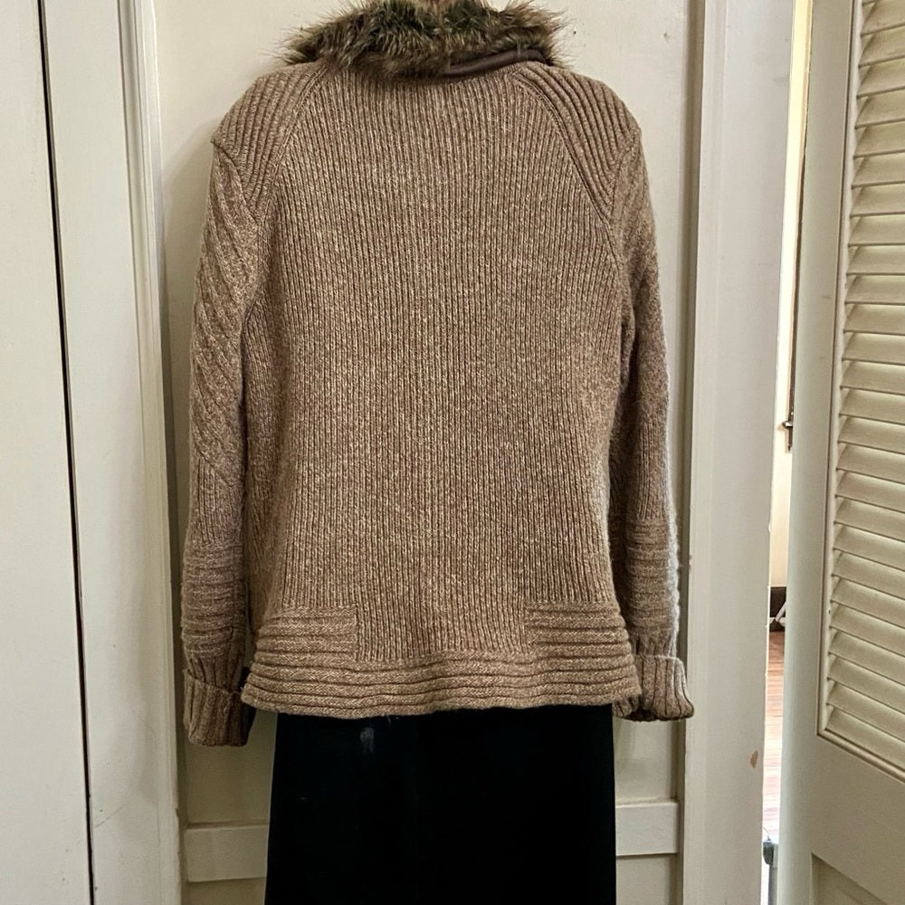 Cynthia Rowley Brown Knitted Sweater Cardigan with Fur Collar (L-XL)