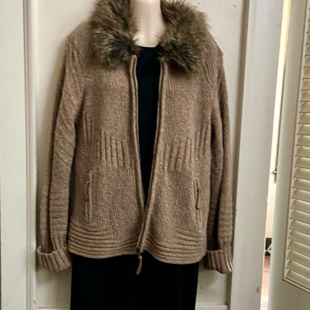Cynthia Rowley Brown Knitted Sweater Cardigan with Fur Collar (L-XL)