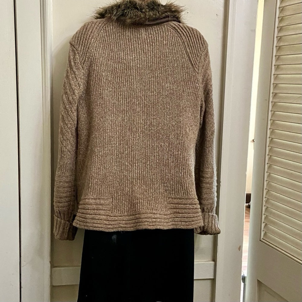 Cynthia Rowley Brown Knitted Sweater Cardigan with Fur Collar (L-XL)