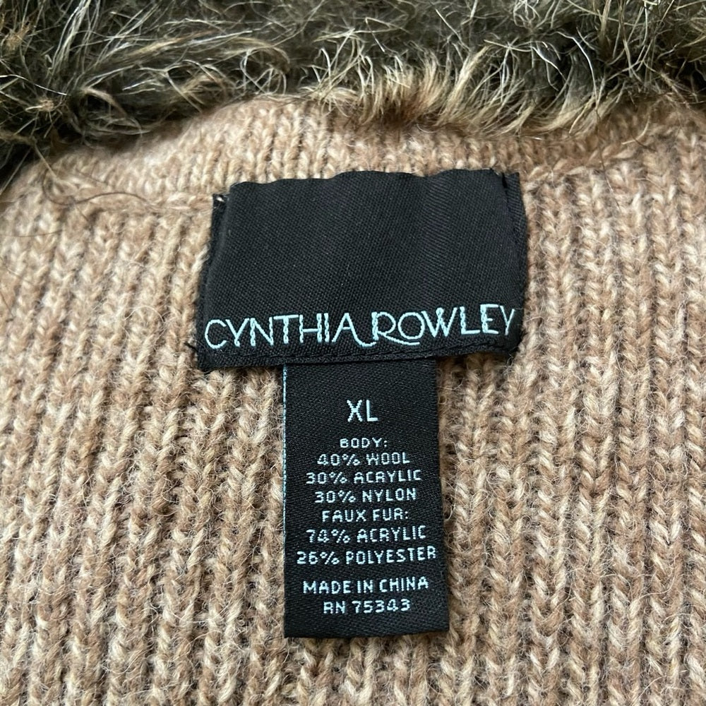 Cynthia Rowley Brown Knitted Sweater Cardigan with Fur Collar (L-XL)