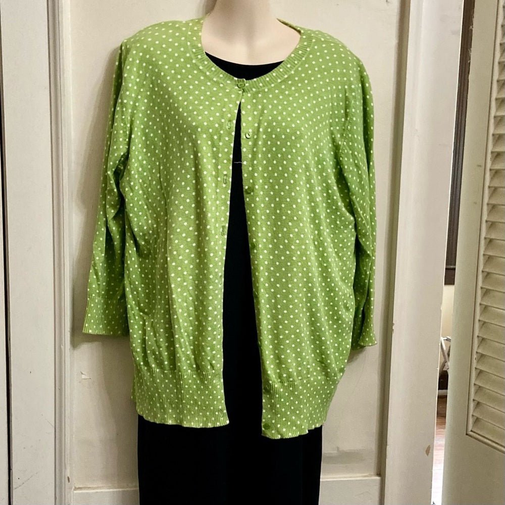 Cherokee Apple Green and White Polka Dot Sweater Cardigan (L)