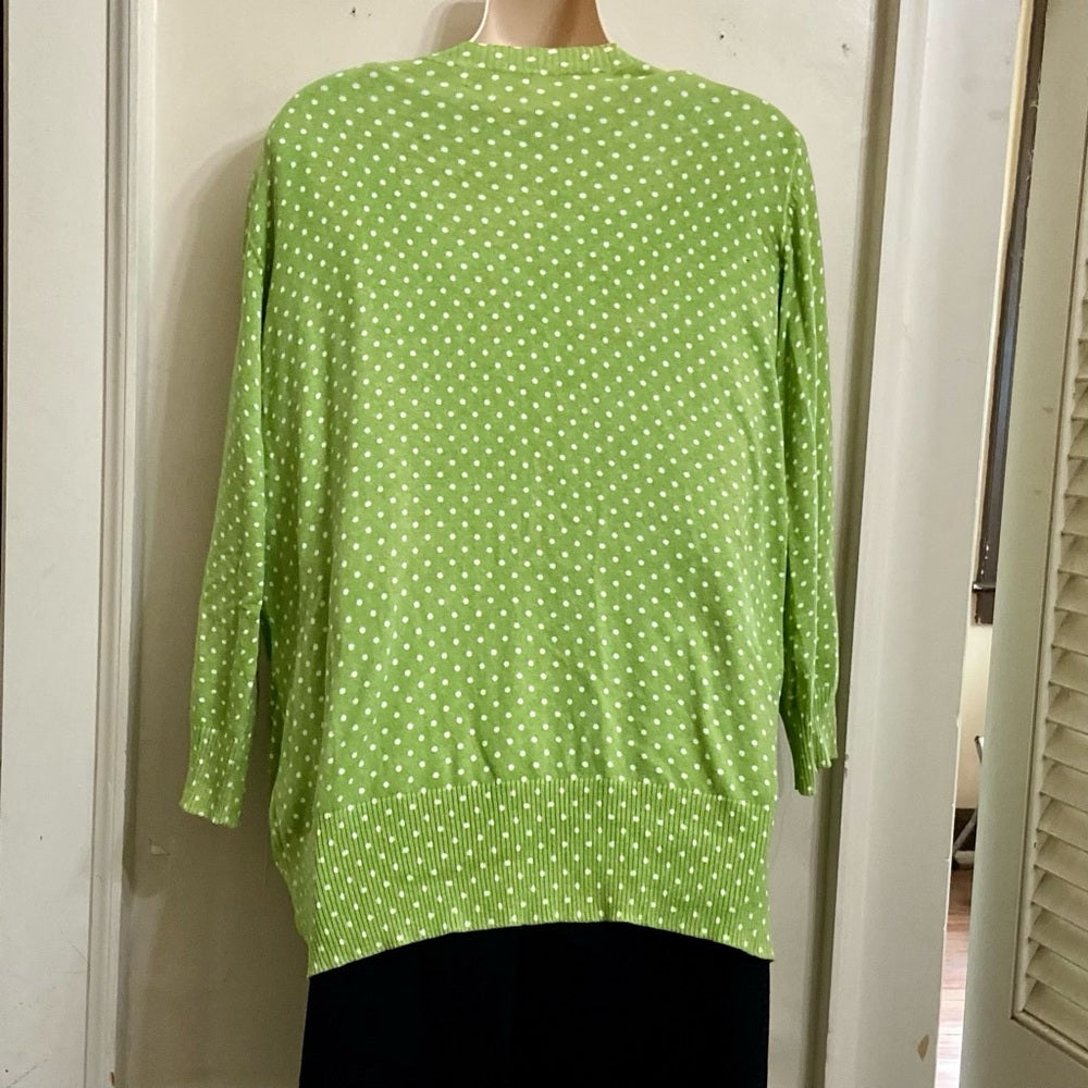 Cherokee Apple Green and White Polka Dot Sweater Cardigan (L)